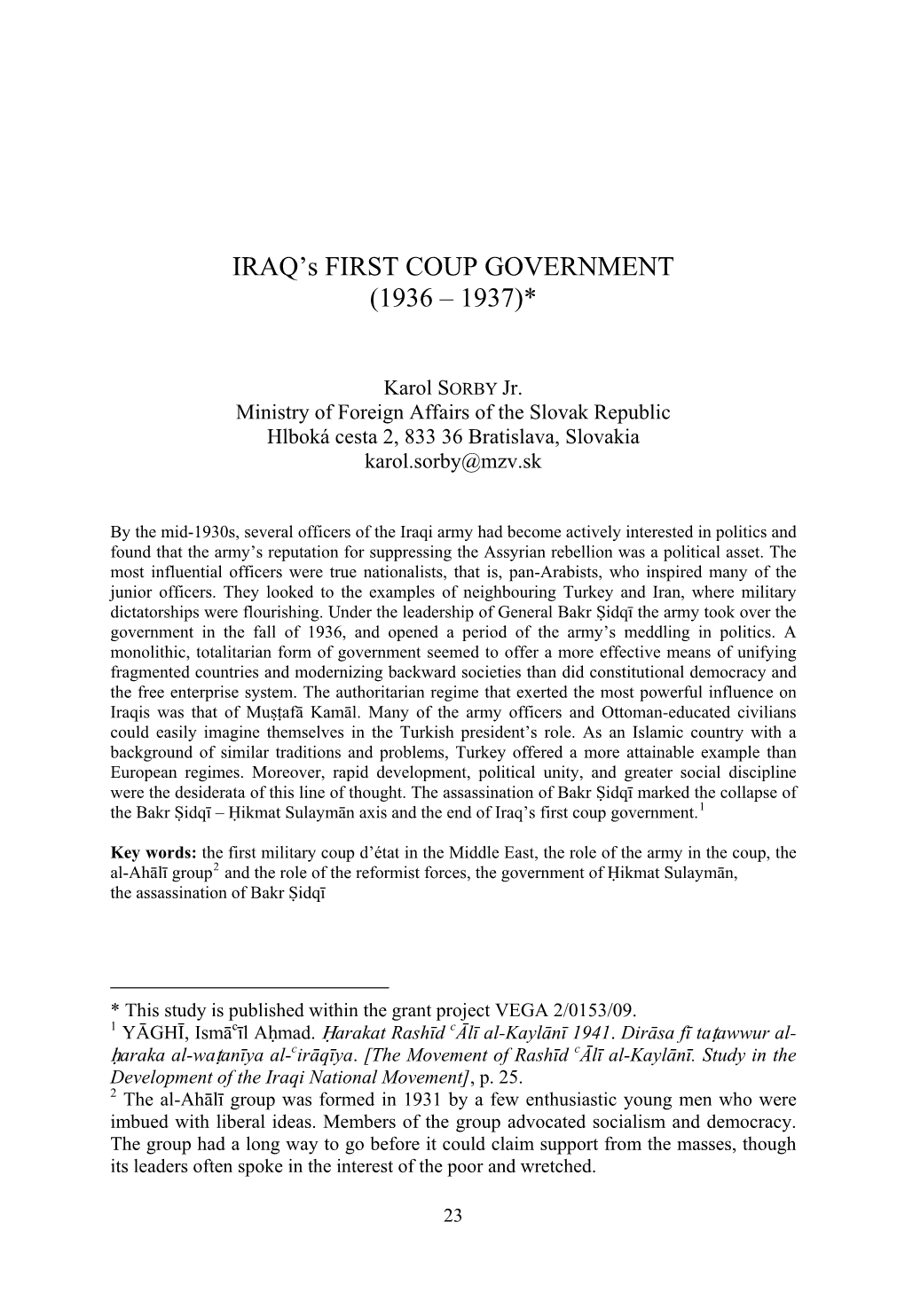 IRAQ's FIRST COUP GOVERNMENT (1936 – 1937)*