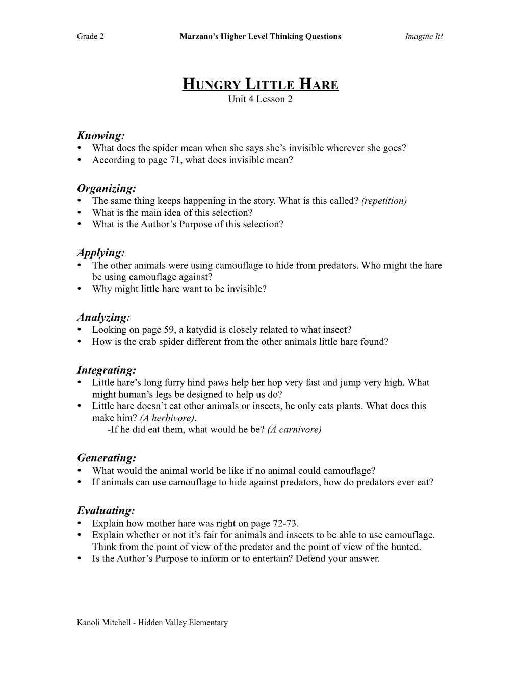 Grade 2 Marzano S Higher Level Thinking Questions Imagine It!