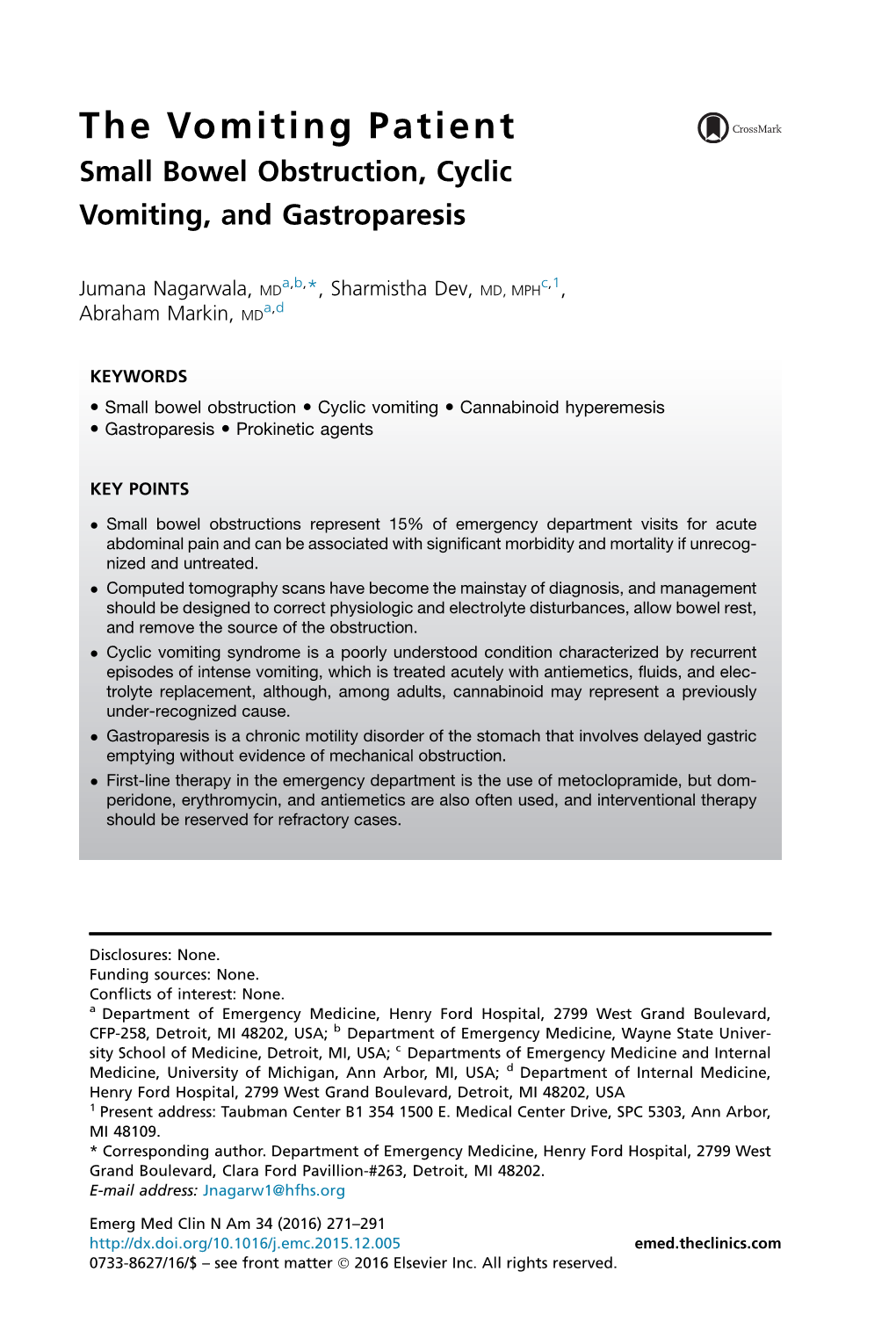 The Vomiting Patient Small Bowel Obstruction, Cyclic Vomiting, and Gastroparesis