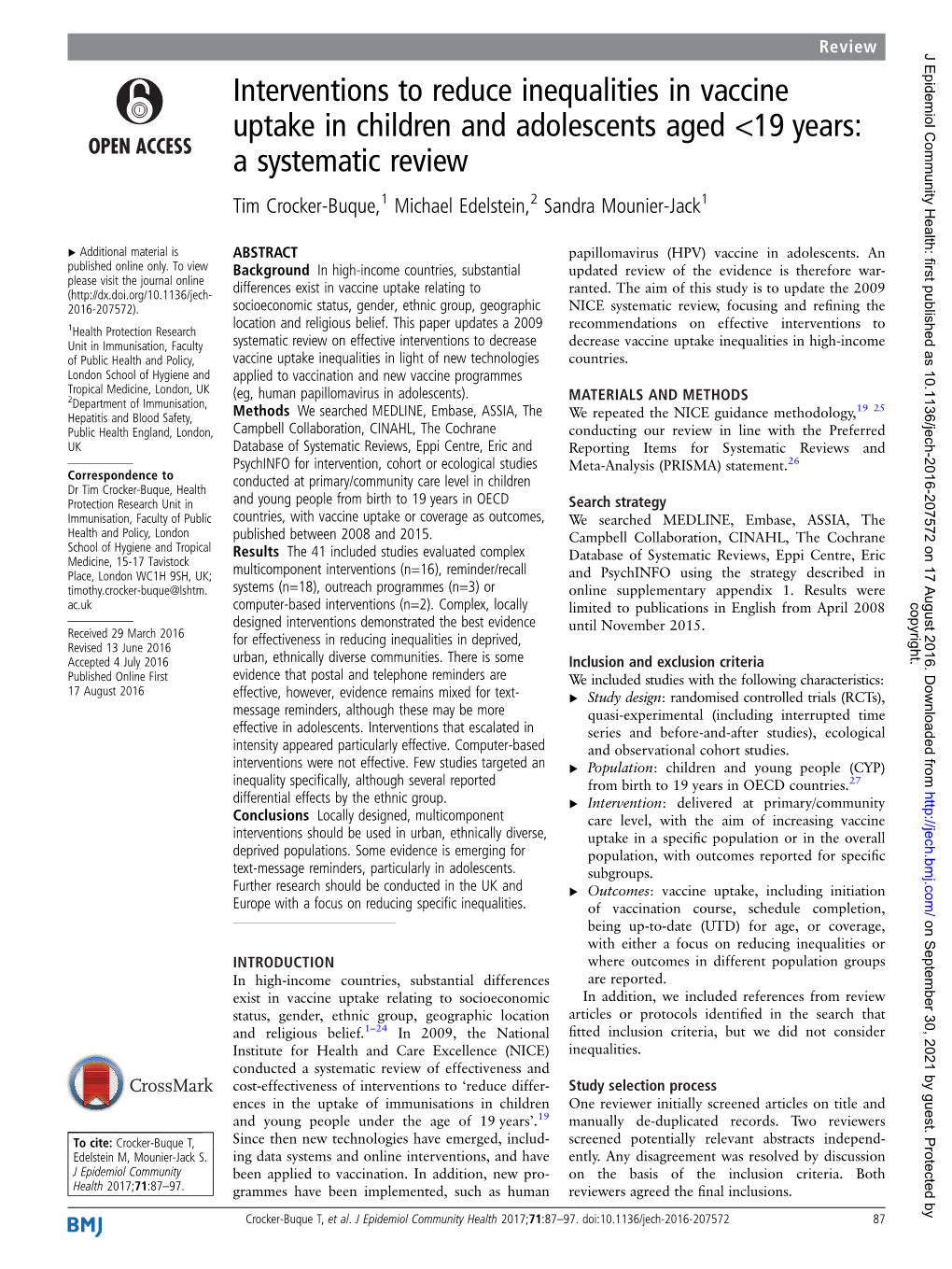 Interventions to Reduce Inequalities in Vaccine Uptake in Children And