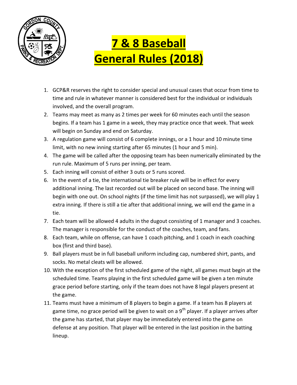 7 & 8 Baseball General Rules (2018)