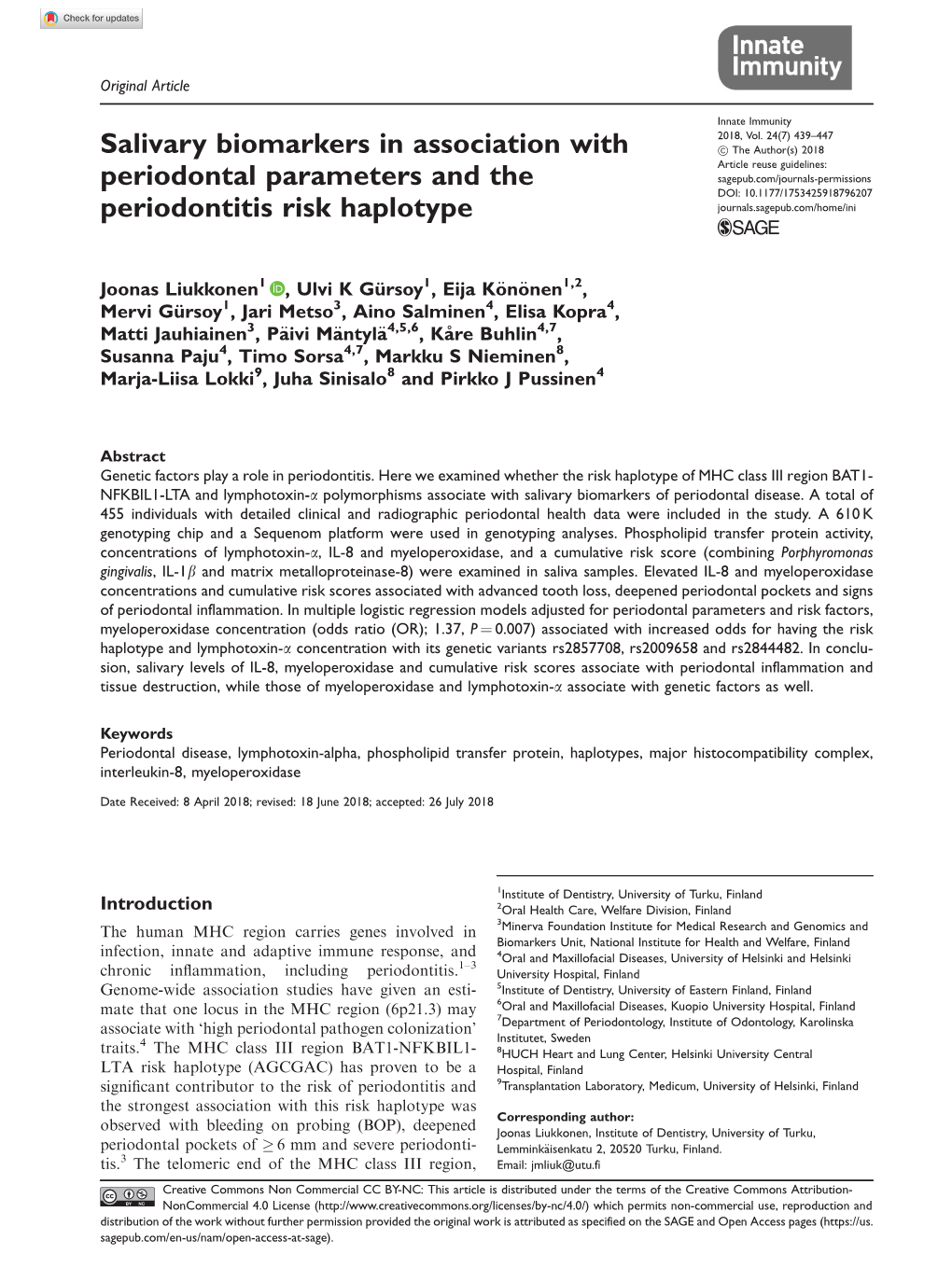 Salivary Biomarkers in Association with Periodontal Parameters And