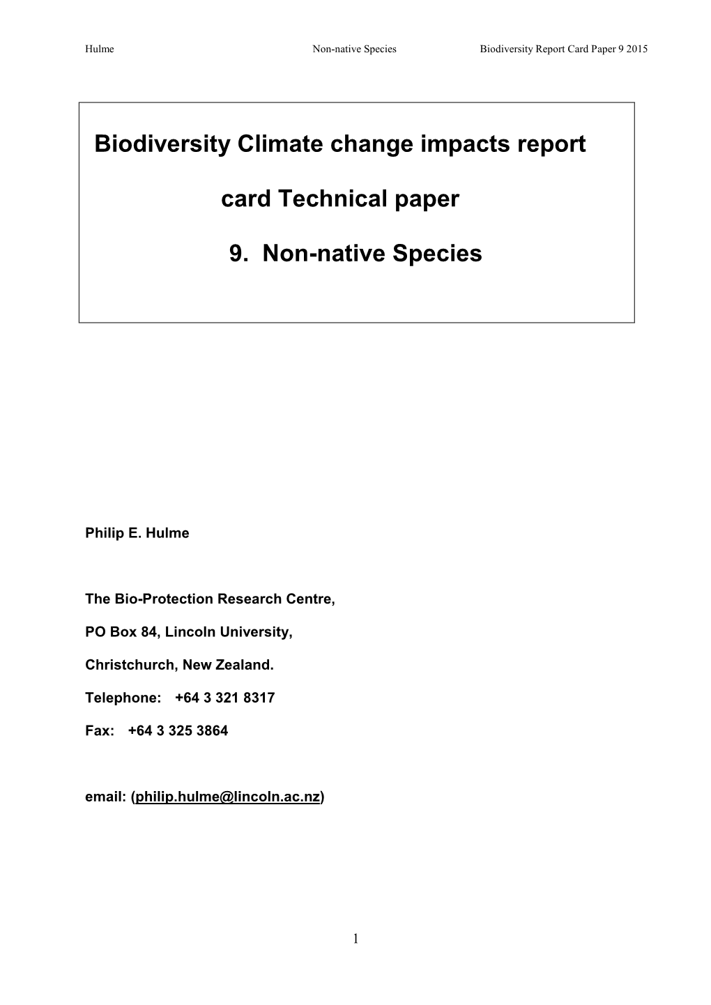 Biodiversity Climate Change Impacts Report Card Technical Paper 9. Non