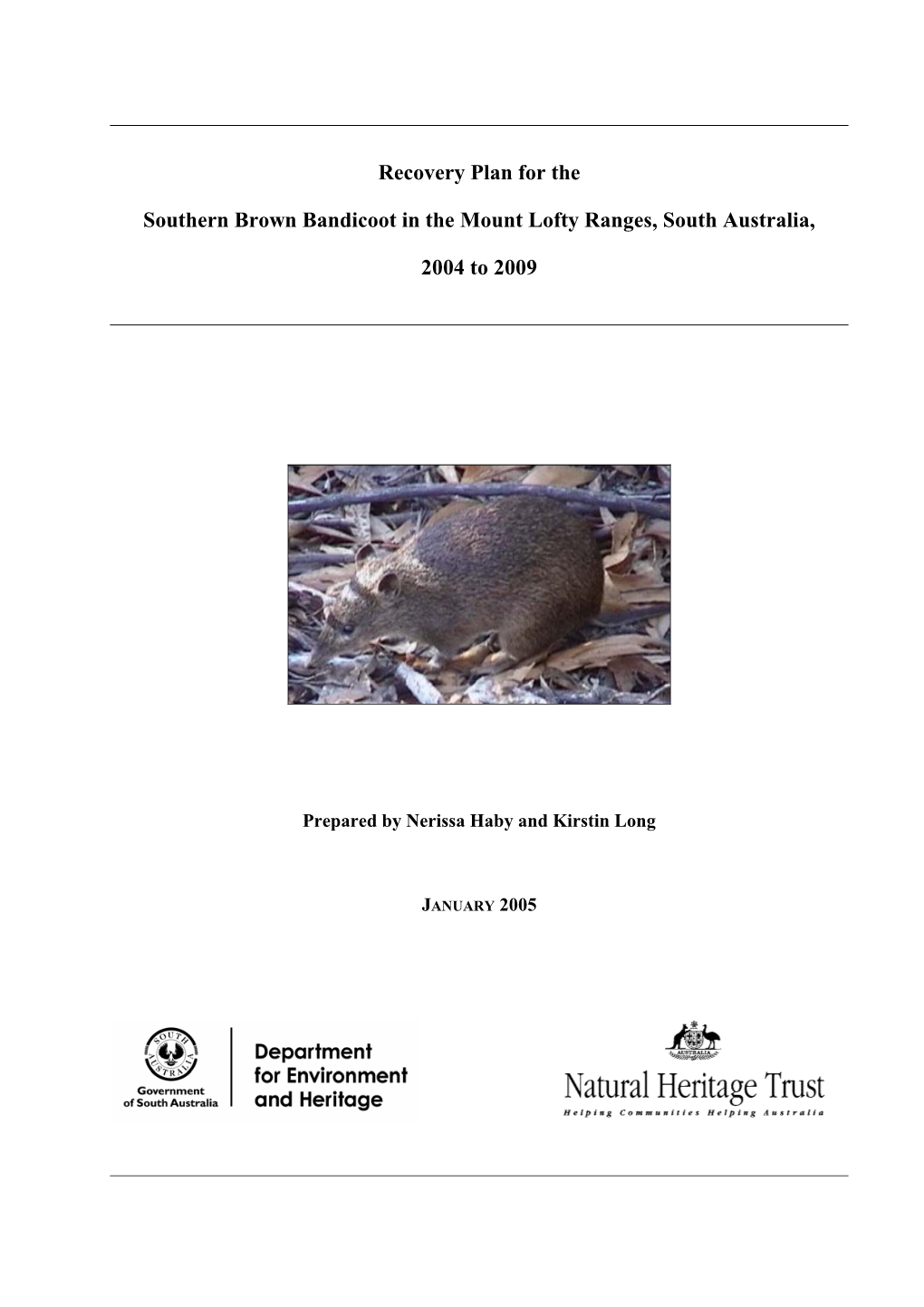 Recovery Plan for the Southern Brown Bandicoot in the Mount Lofty