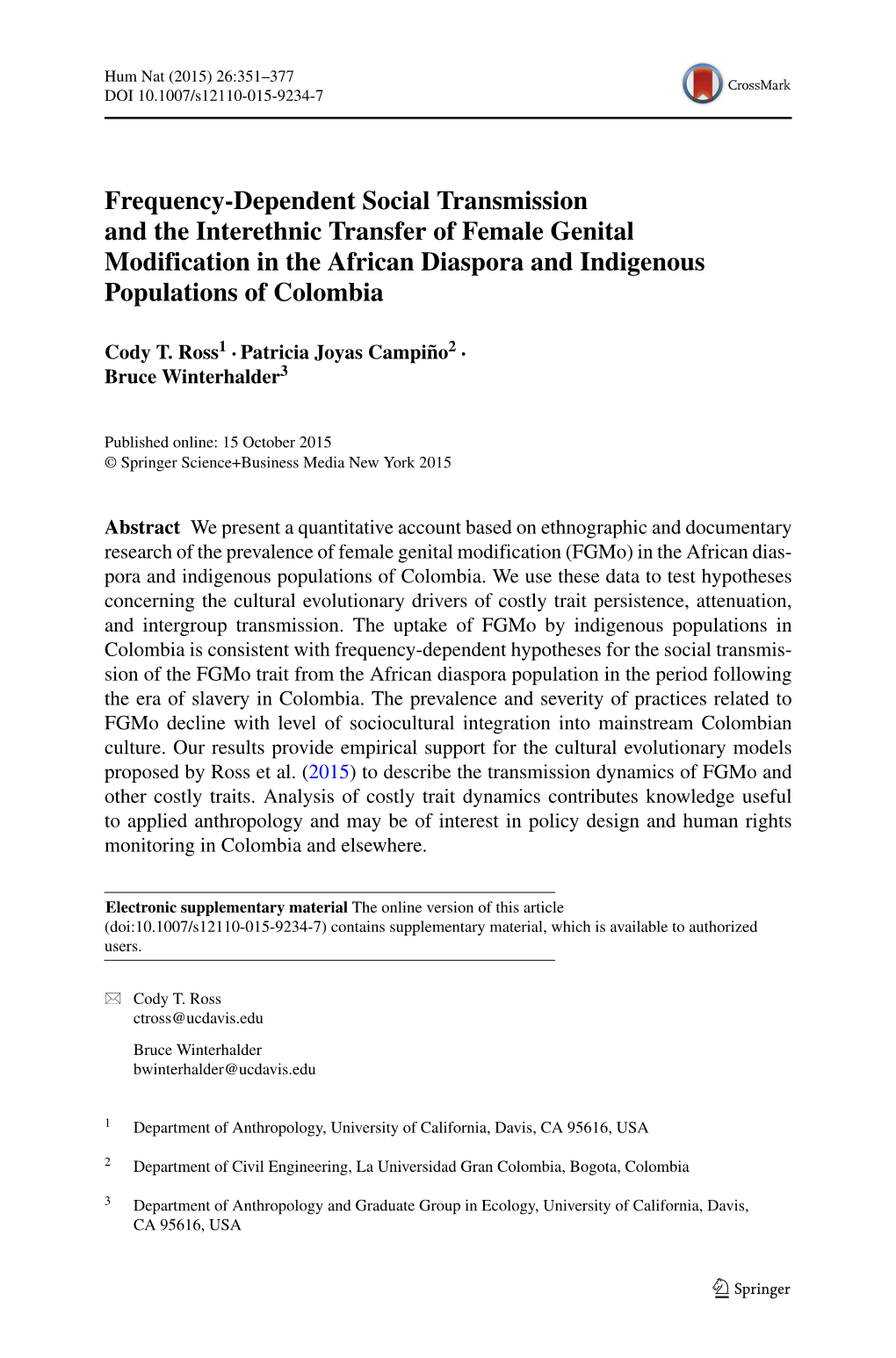 Frequency-Dependent Social Transmission and the Interethnic Transfer of Female Genital Modification in the African Diaspora and Indigenous Populations of Colombia