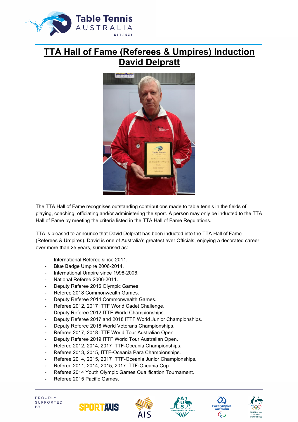 TTA Hall of Fame (Referees & Umpires) Induction David Delpratt