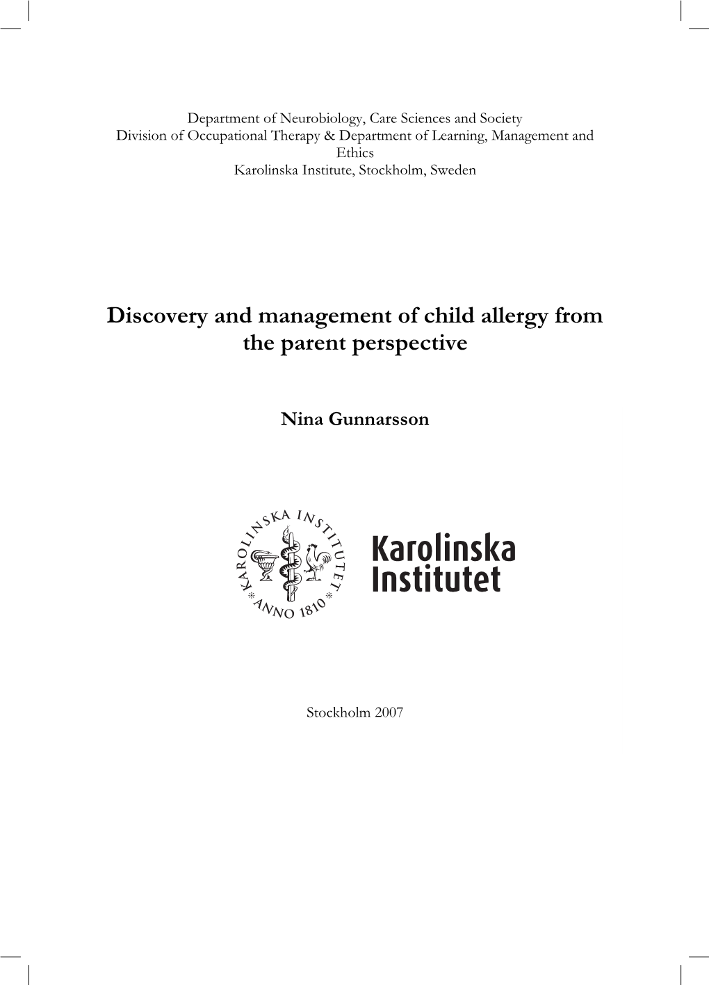 Discovery and Management of Child Allergy from the Parent Perspective