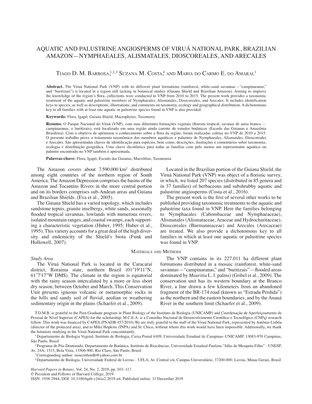 Aquatic and Palustrine Angiosperms of Viruá National Park, Brazilian Amazon—Nymphaeales, Alismatales, Dioscoreales, and Arecales