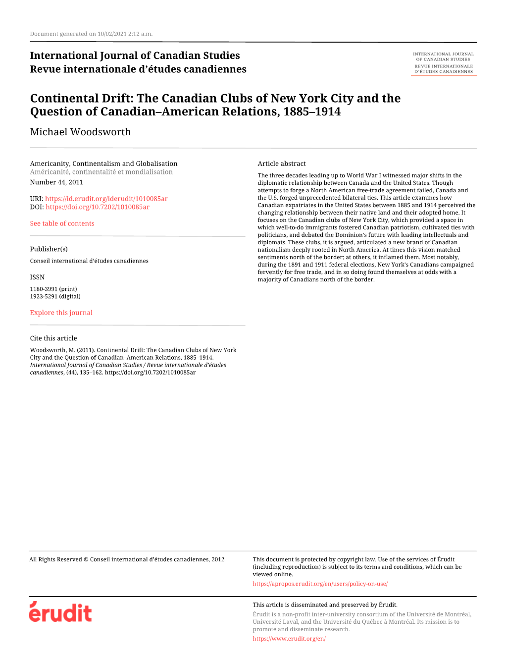 Continental Drift: the Canadian Clubs of New York City and the Question of Canadian–American Relations, 1885–1914 Michael Woodsworth