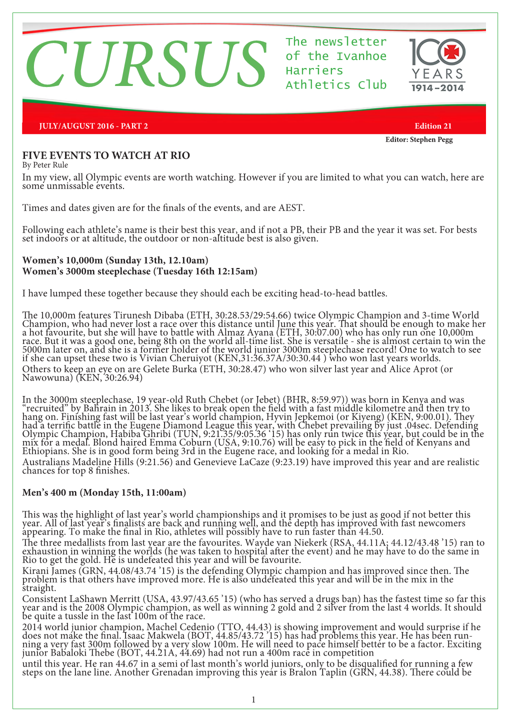 CURSUS the Newsletter of the Ivanhoe Harriers Athletics Club