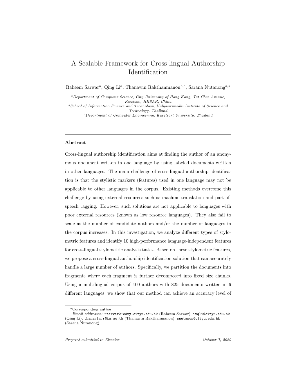 A Scalable Framework for Cross-Lingual Authorship Identification