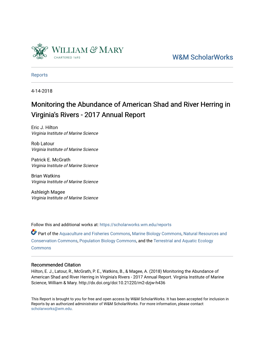 Monitoring the Abundance of American Shad and River Herring in Virginia's Rivers - 2017 Annual Report