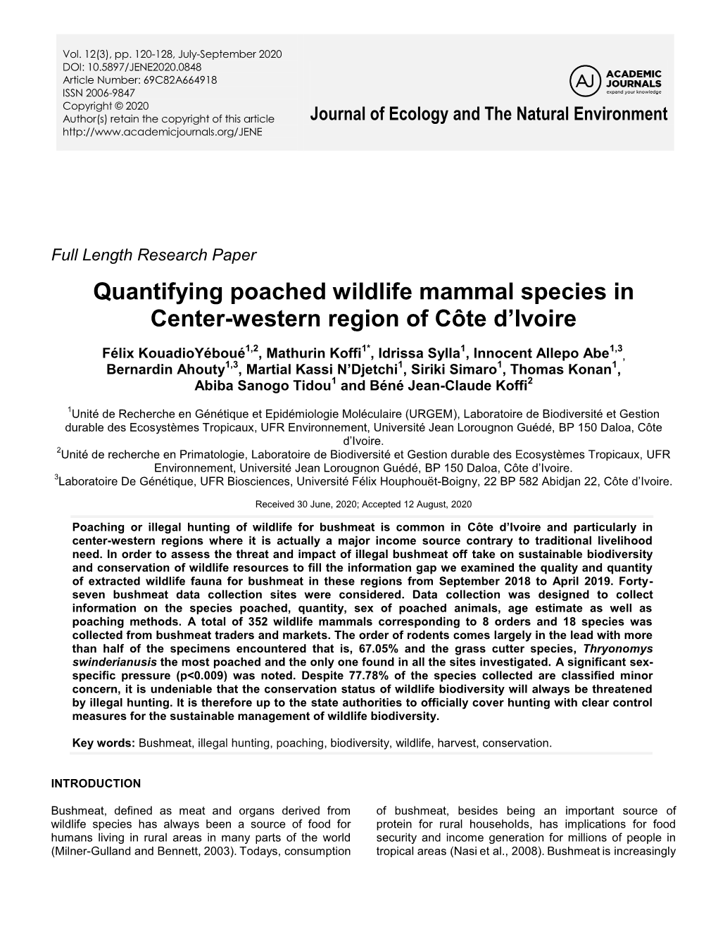 Quantifying Poached Wildlife Mammal Species in Center-Western Region of Côte D'ivoire