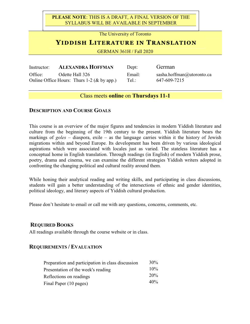 YIDDISH LITERATURE in TRANSLATION GERMAN 361H / Fall 2020