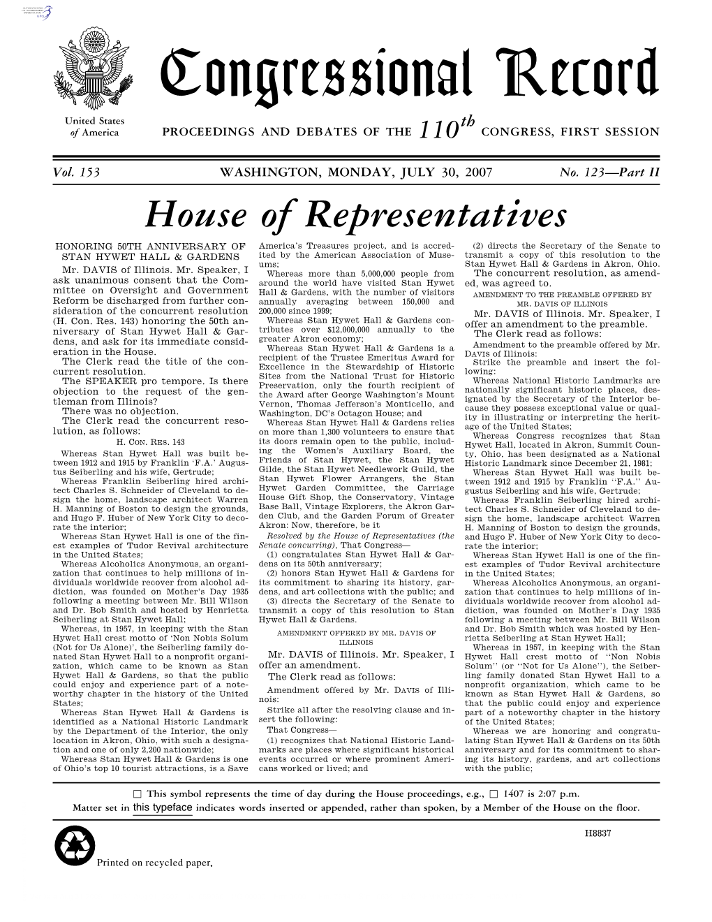 Congressional Record United States Th of America PROCEEDINGS and DEBATES of the 110 CONGRESS, FIRST SESSION