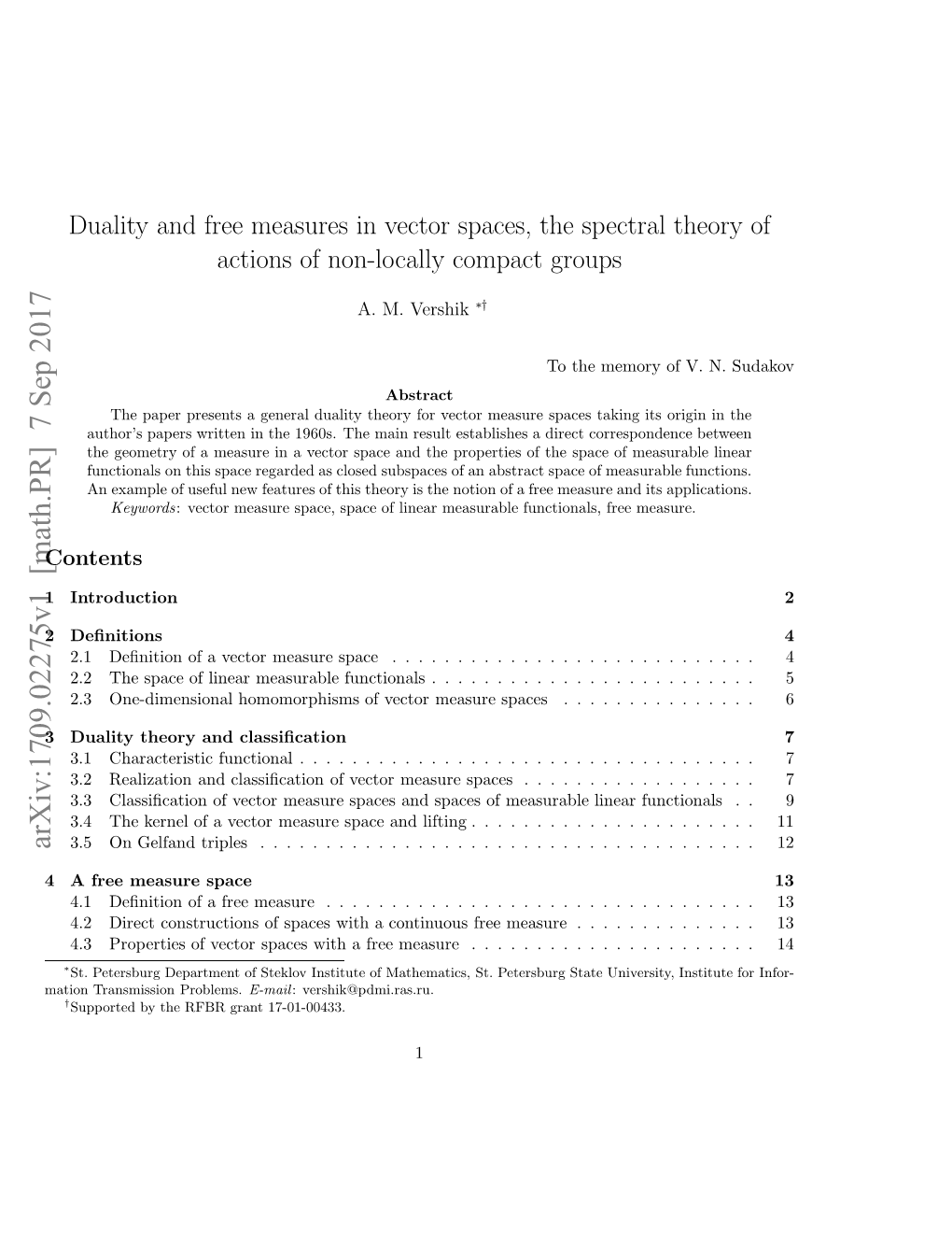 Duality and Free Measures in Vector Spaces, the Spectral Theory
