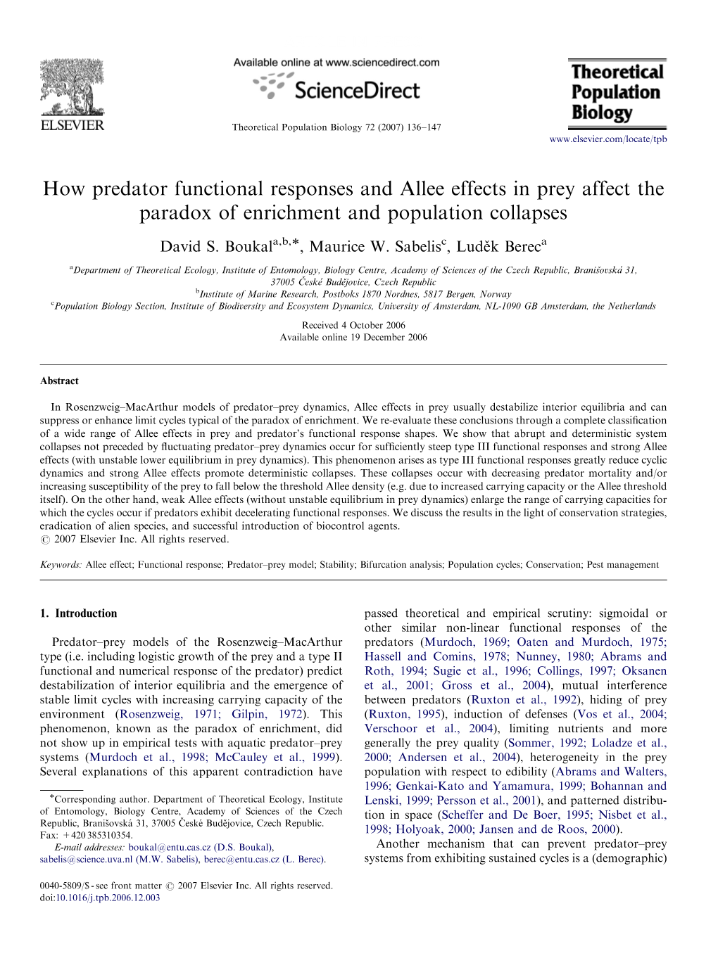 How Predator Functional Responses and Allee Effects in Prey Affect the Paradox of Enrichment and Population Collapses