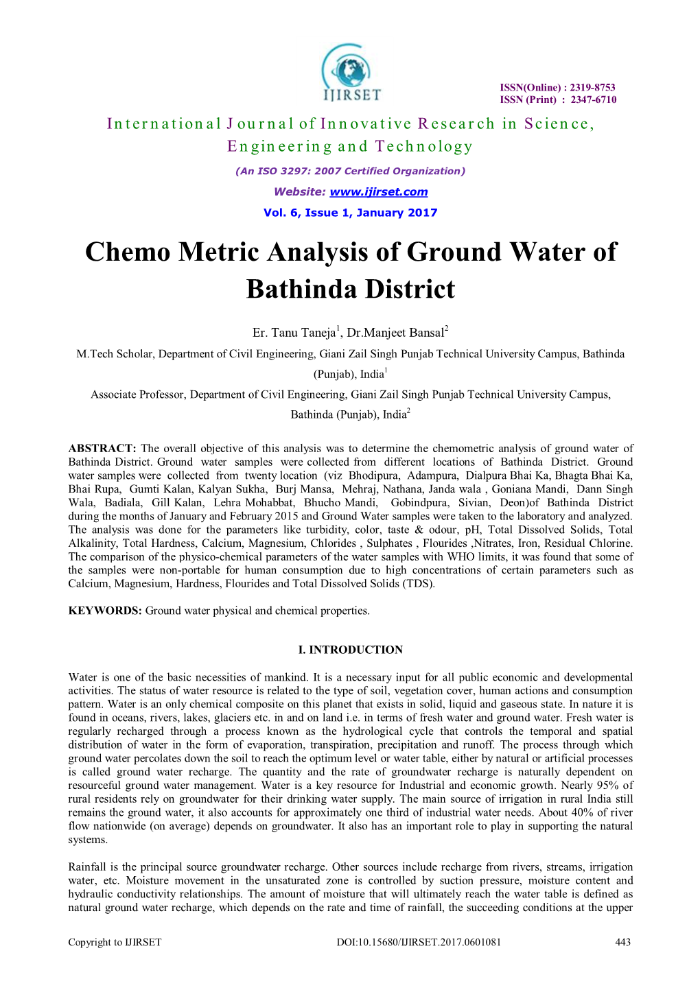 Chemo Metric Analysis of Ground Water of Bathinda District