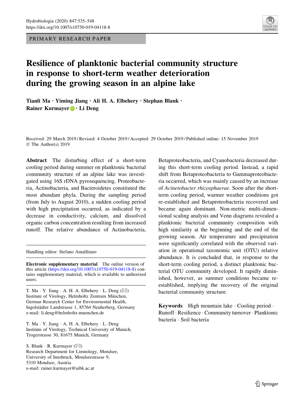 Resilience of Planktonic Bacterial Community Structure in Response to Short-Term Weather Deterioration During the Growing Season in an Alpine Lake