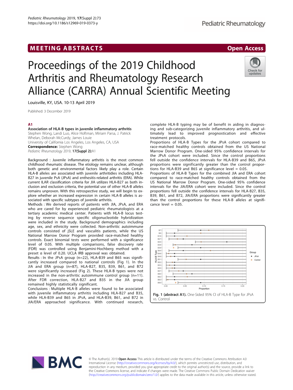 Proceedings of the 2019 Childhood Arthritis and Rheumatology Research Alliance (CARRA) Annual Scientific Meeting Louisville, KY, USA