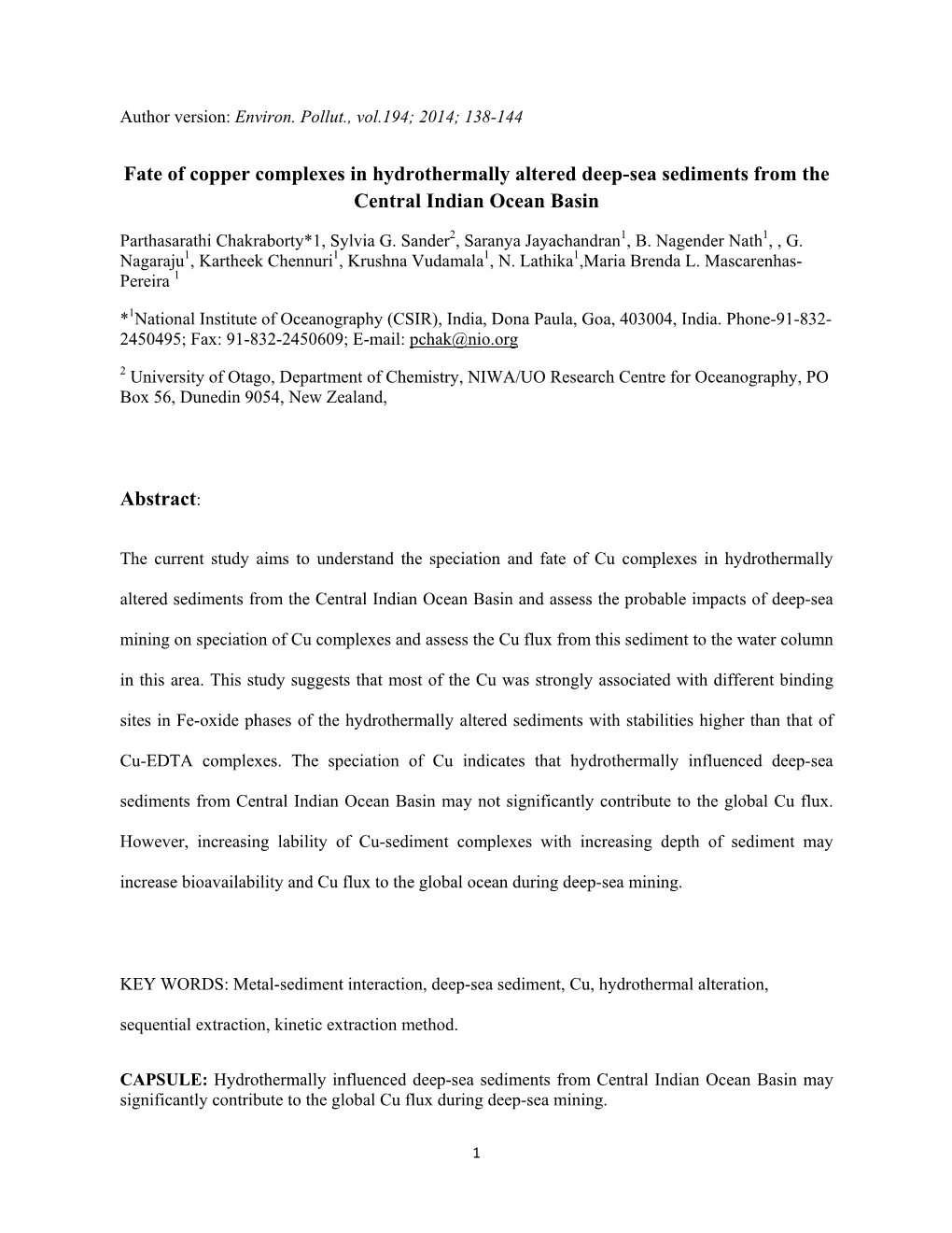 Fate of Copper Complexes in Hydrothermally Altered Deep-Sea Sediments from the Central Indian Ocean Basin