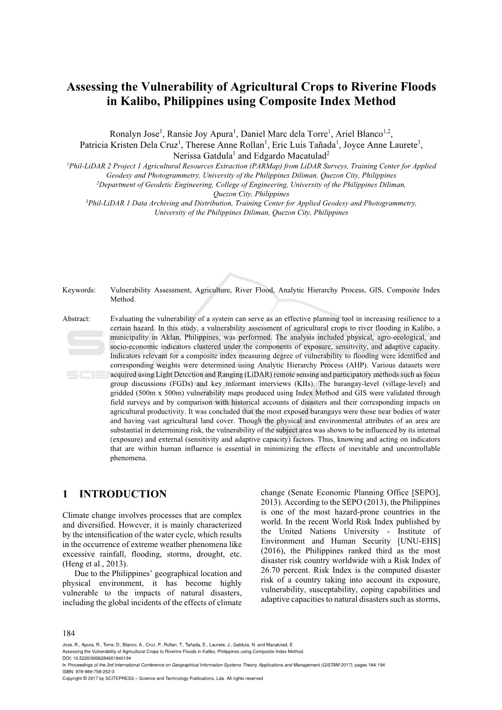 Assessing the Vulnerability of Agricultural Crops to Riverine Floods in Kalibo, Philippines Using Composite Index Method