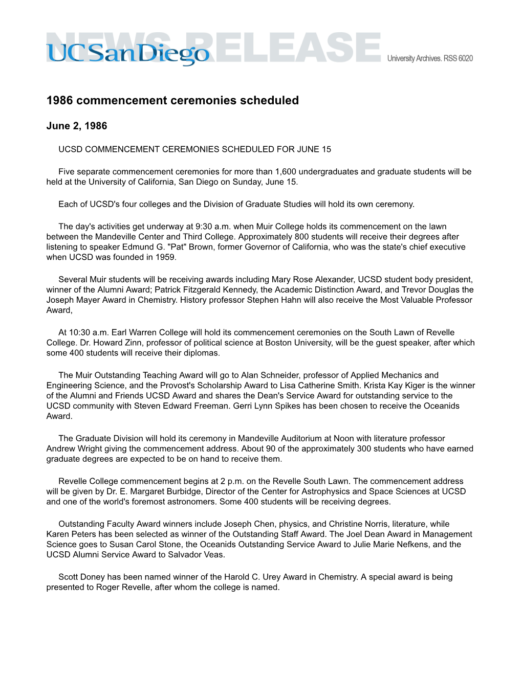 1986 Commencement Ceremonies Scheduled