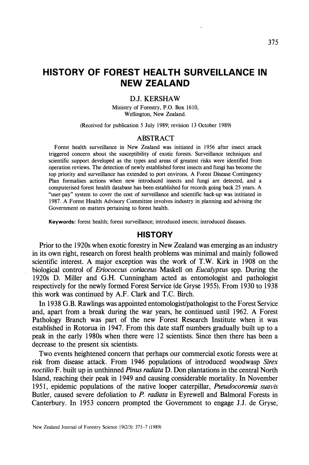 History of Forest Health Surveillance in New Zealand Dj