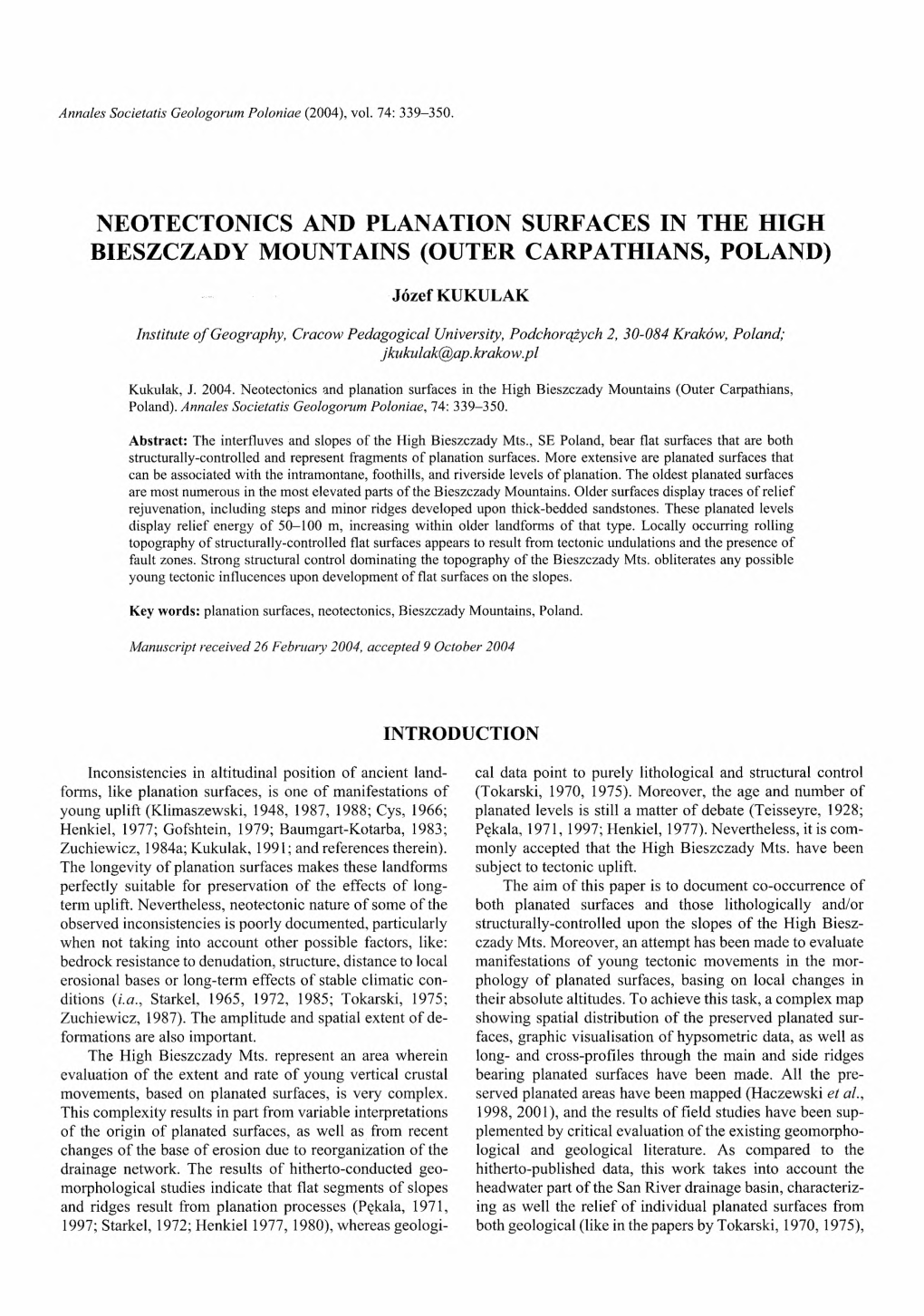 Neotectonics and Planation Surfaces in the High Bieszczady Mountains (Outer Carpathians, Poland)