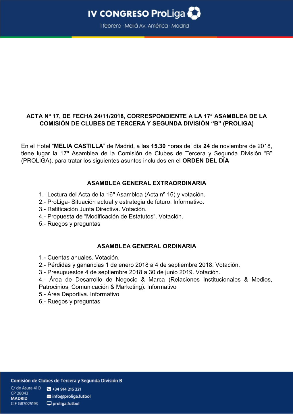 Acta Nª 17, De Fecha 24/11/2018, Correspondiente a La 17ª Asamblea De La Comisión De Clubes De Tercera Y Segunda División “B” (Proliga)