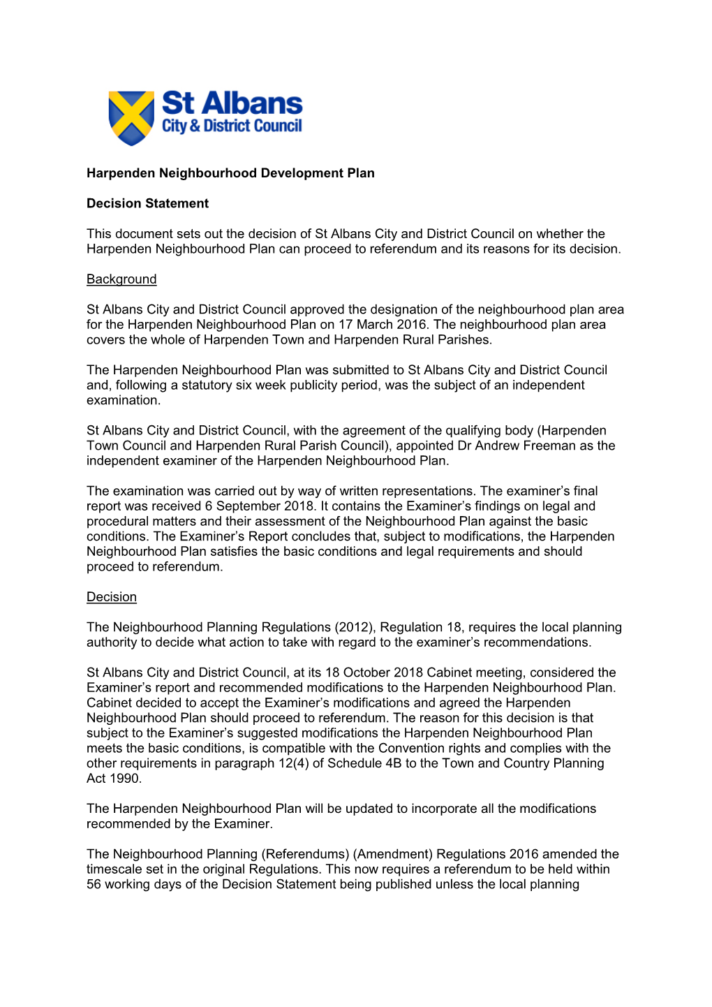 HNP 003 Harpenden Neighbourhood Plan Decision Statement Nov 2018