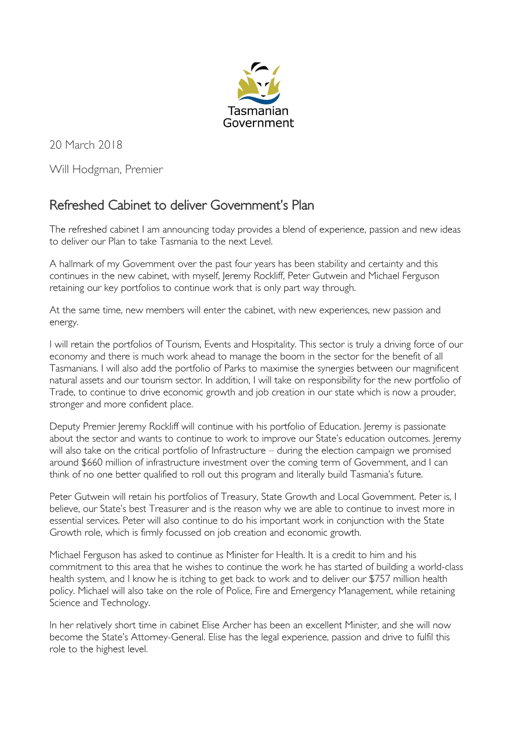 Refreshed Cabinet to Deliver Government's Plan