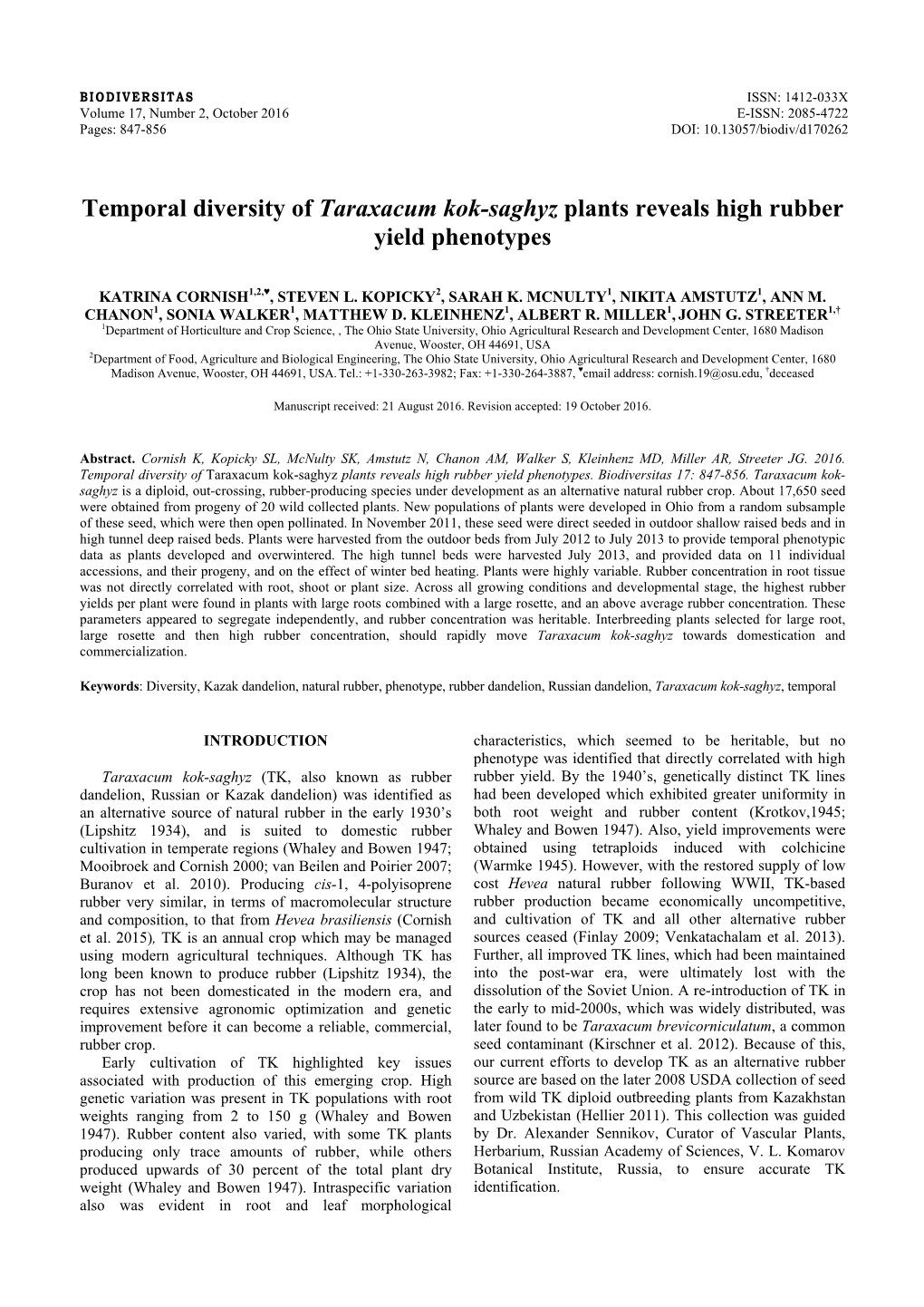 Temporal Diversity of Taraxacum Kok-Saghyz Plants Reveals High Rubber Yield Phenotypes