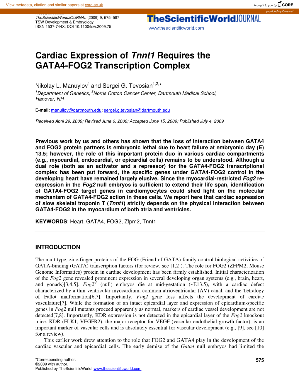 Cardiac Expression of Tnnt1 Requires the GATA4-FOG2 Transcription Complex