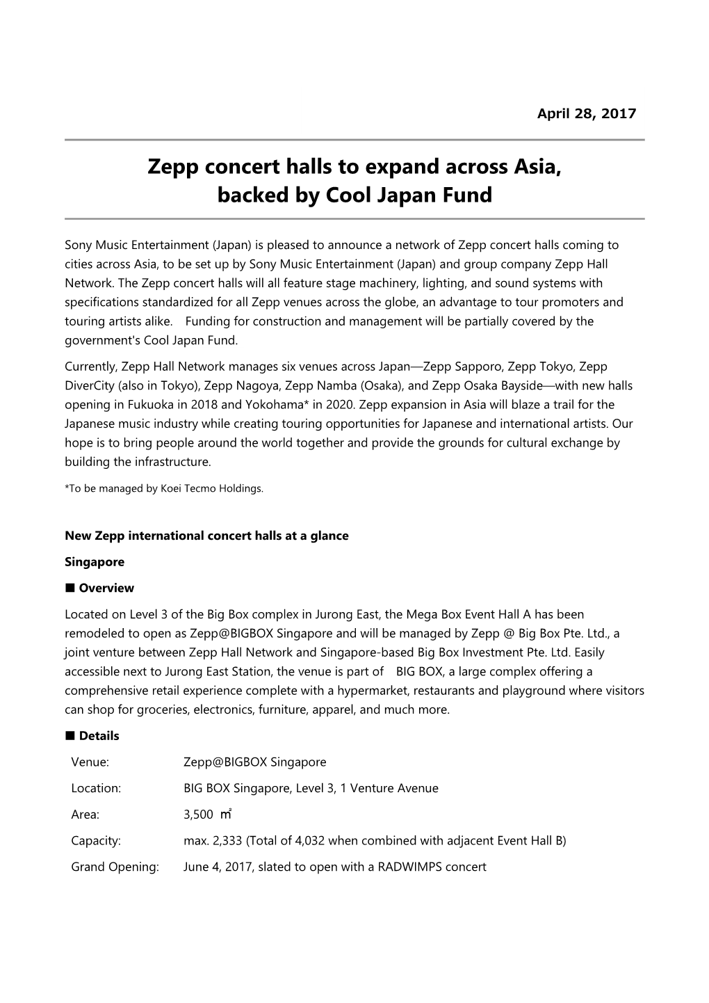Zepp Concert Halls to Expand Across Asia, Backed by Cool Japan Fund