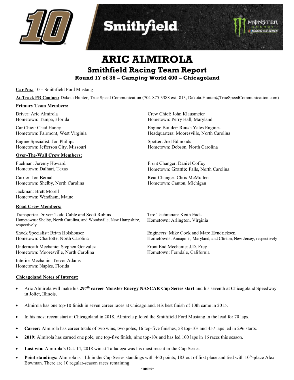 ARIC ALMIROLA Smithfield Racing Team Report Round 17 of 36 – Camping World 400 – Chicagoland