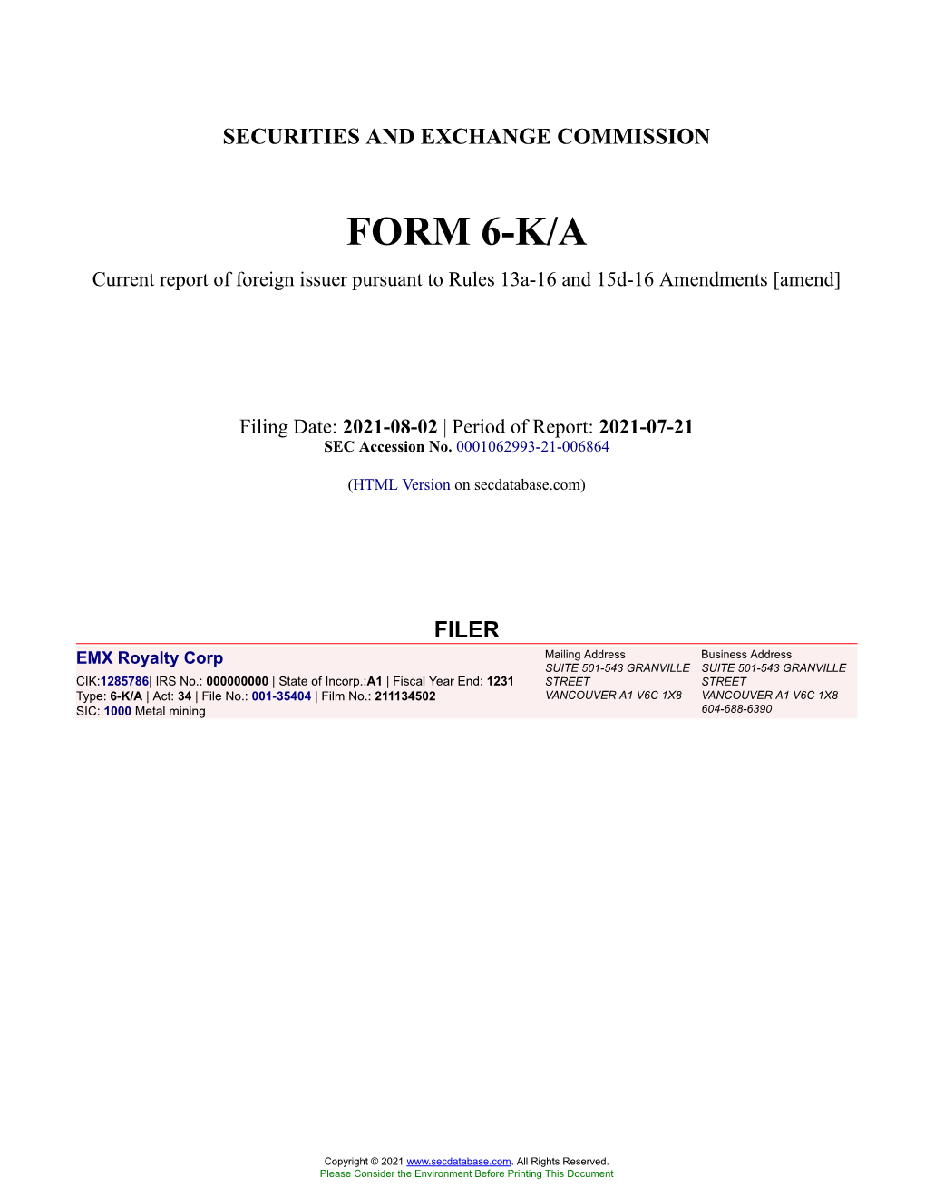 EMX Royalty Corp Form 6-K/A Current Event Report Filed 2021-08-02