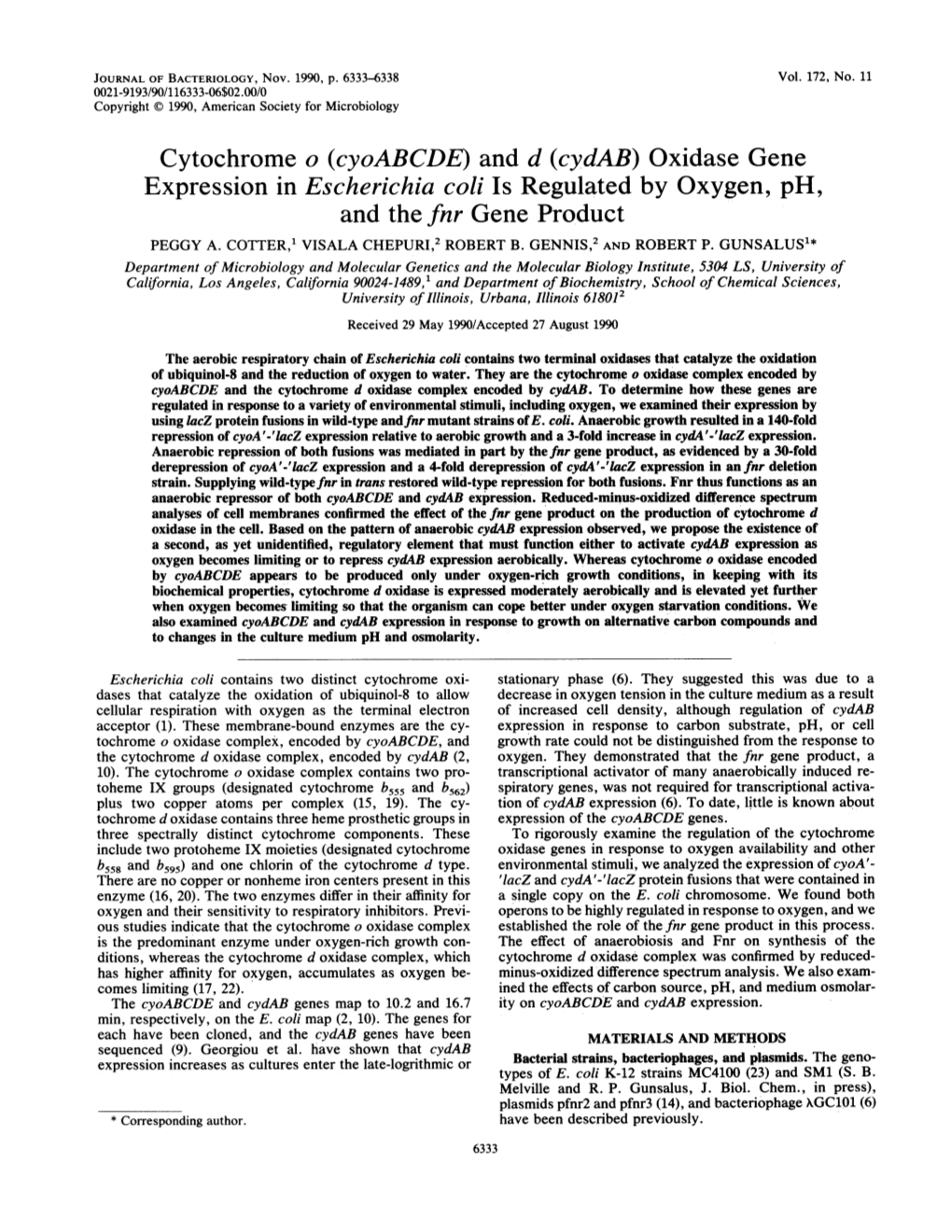 Cytochrome O (Cyoabcde) and D (Cydab) Oxidase Gene Expression in Escherichia Coli Is Regulated by Oxygen, Ph, and the Fnr Gene Product PEGGY A