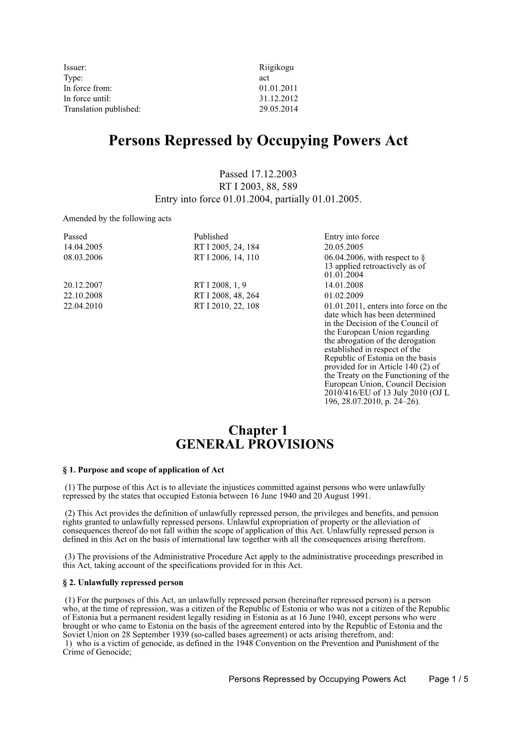 Persons Repressed by Occupying Powers Act