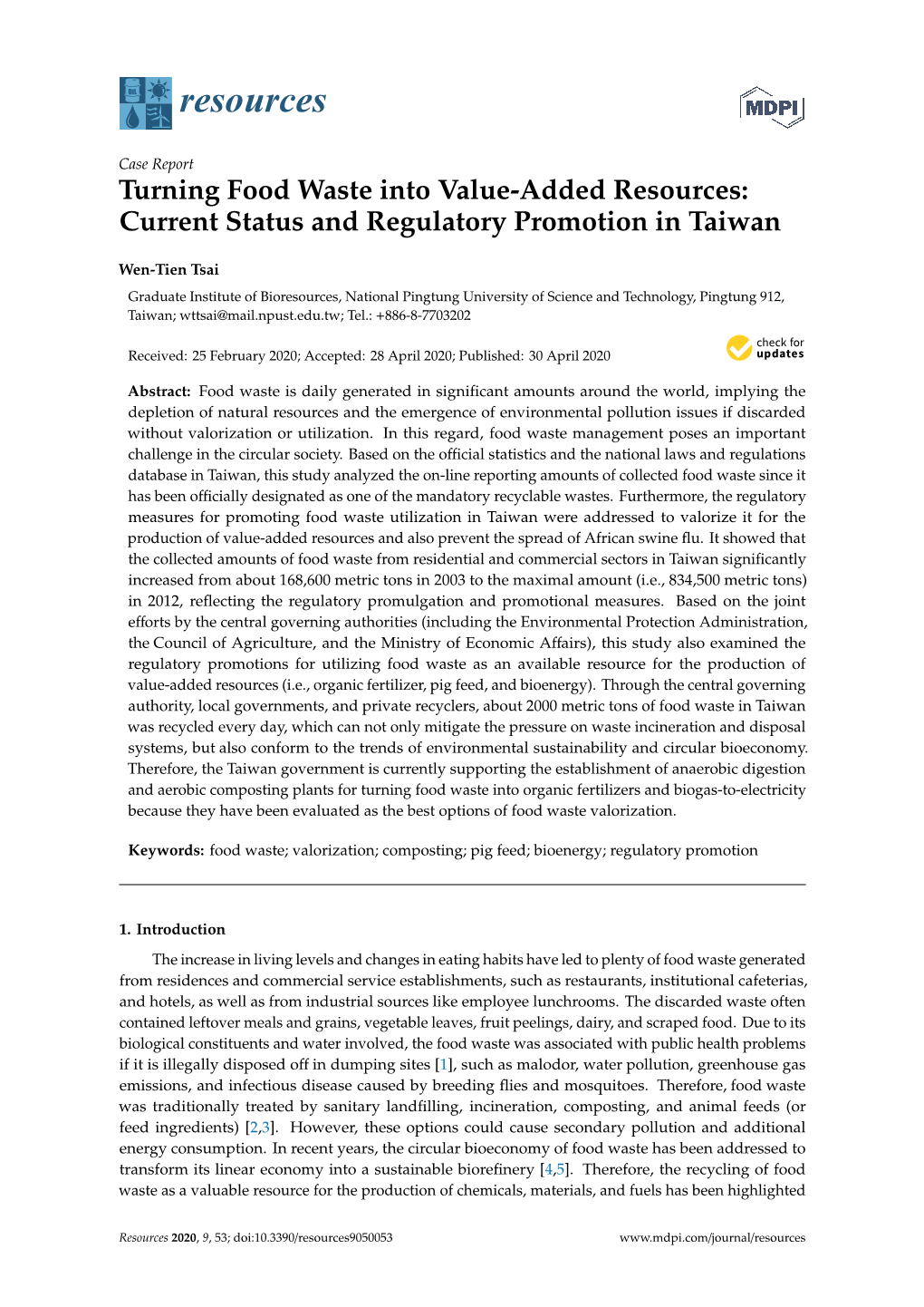 Turning Food Waste Into Value-Added Resources: Current Status and Regulatory Promotion in Taiwan