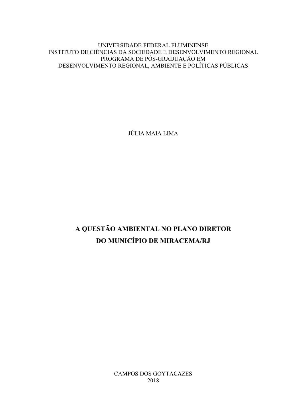 A Questão Ambiental No Plano Diretor Do Município De Miracema/Rj