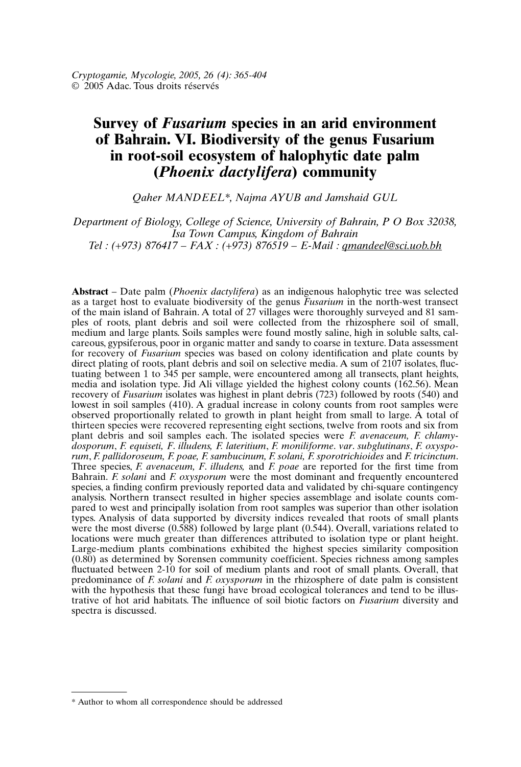 Survey of Fusarium Species in an Arid Environment of Bahrain. VI