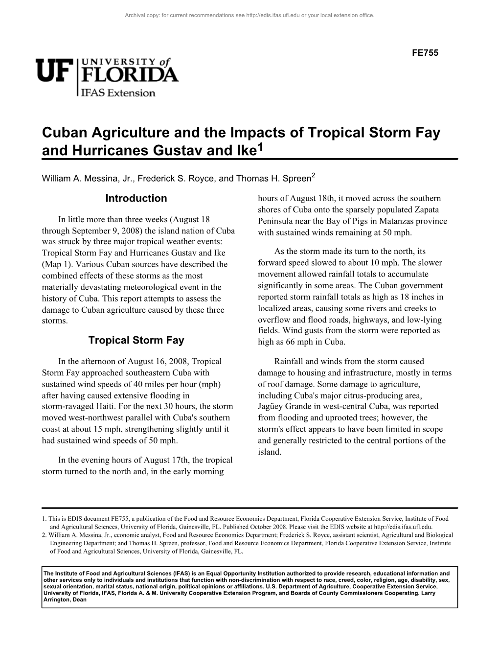 Cuban Agriculture and the Impacts of Tropical Storm Fay and Hurricanes Gustav and Ike1