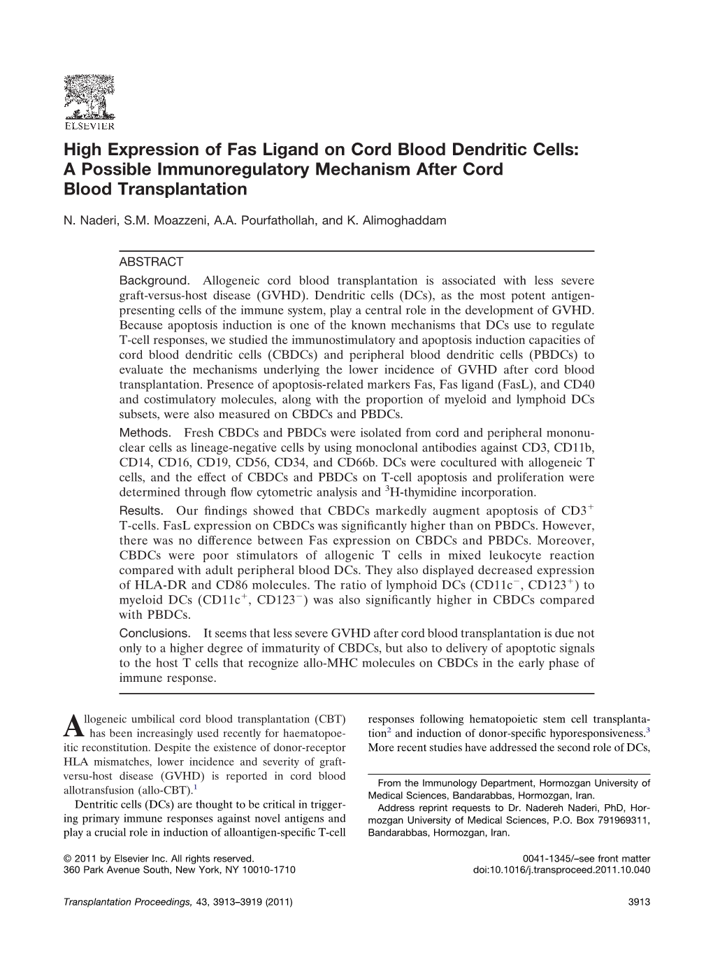 High Expression of Fas Ligand on Cord Blood Dendritic Cells: a Possible Immunoregulatory Mechanism After Cord Blood Transplantation