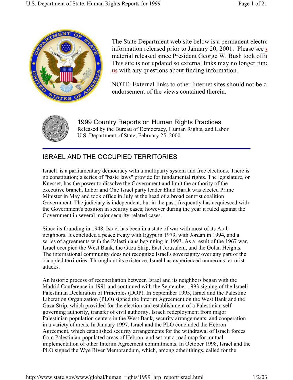 US Department of State, Human Rights Reports for 1999 Page 1 of 21