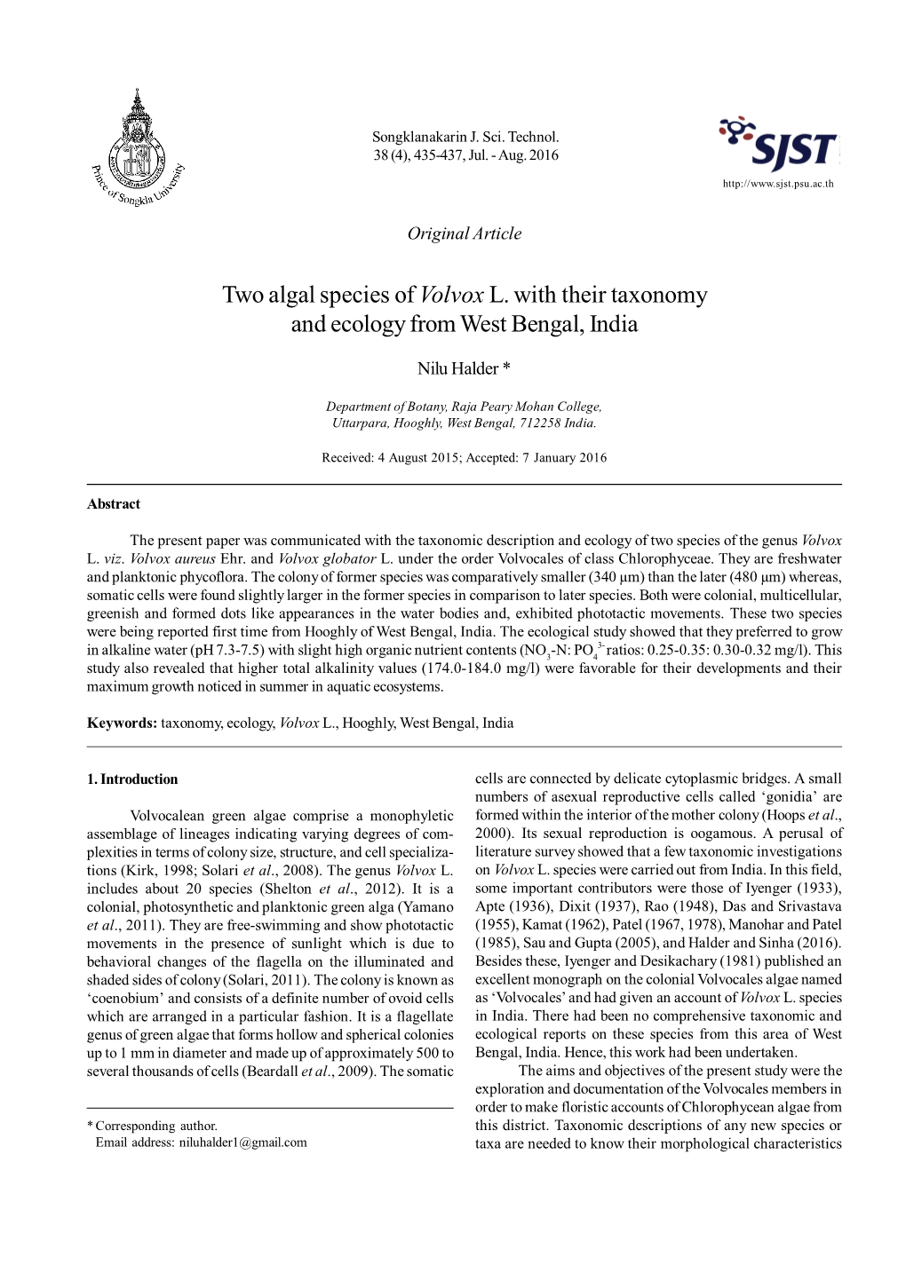 Two Algal Species of Volvox L. with Their Taxonomy and Ecology from West Bengal, India