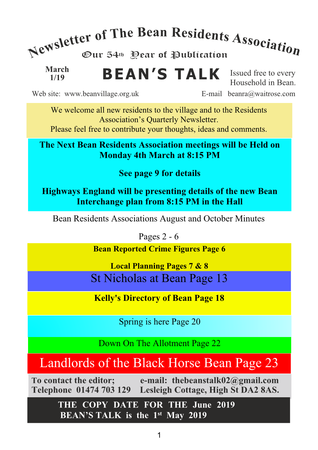 Landlords of the Black Horse Bean Page 23 to Contact the Editor; E-Mail: Thebeanstalk02@Gmail.Com Telephone 01474 703 129 Lesleigh Cottage, High St DA2 8AS