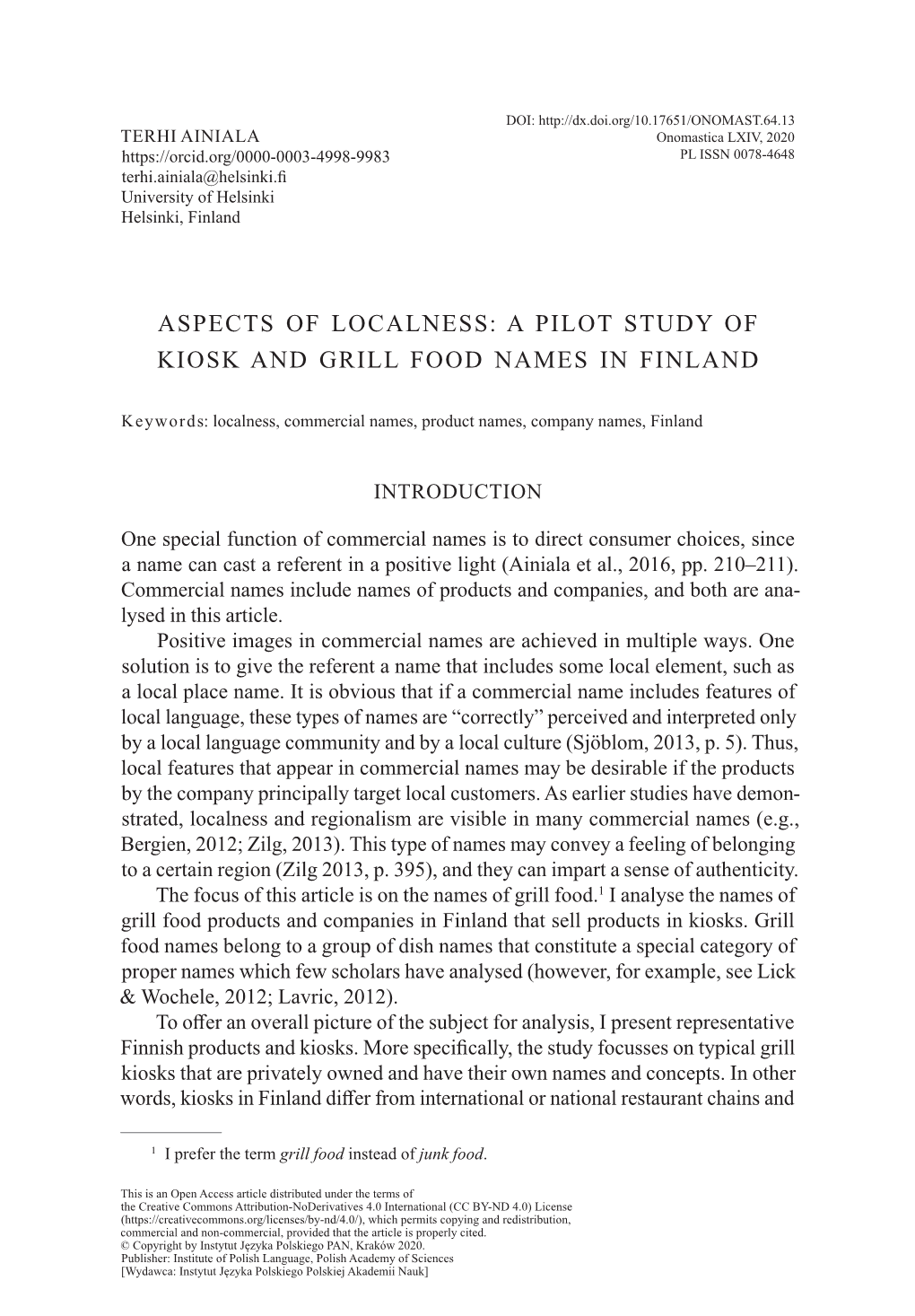 A Pilot Study of Kiosk and Grill Food Names in Finland