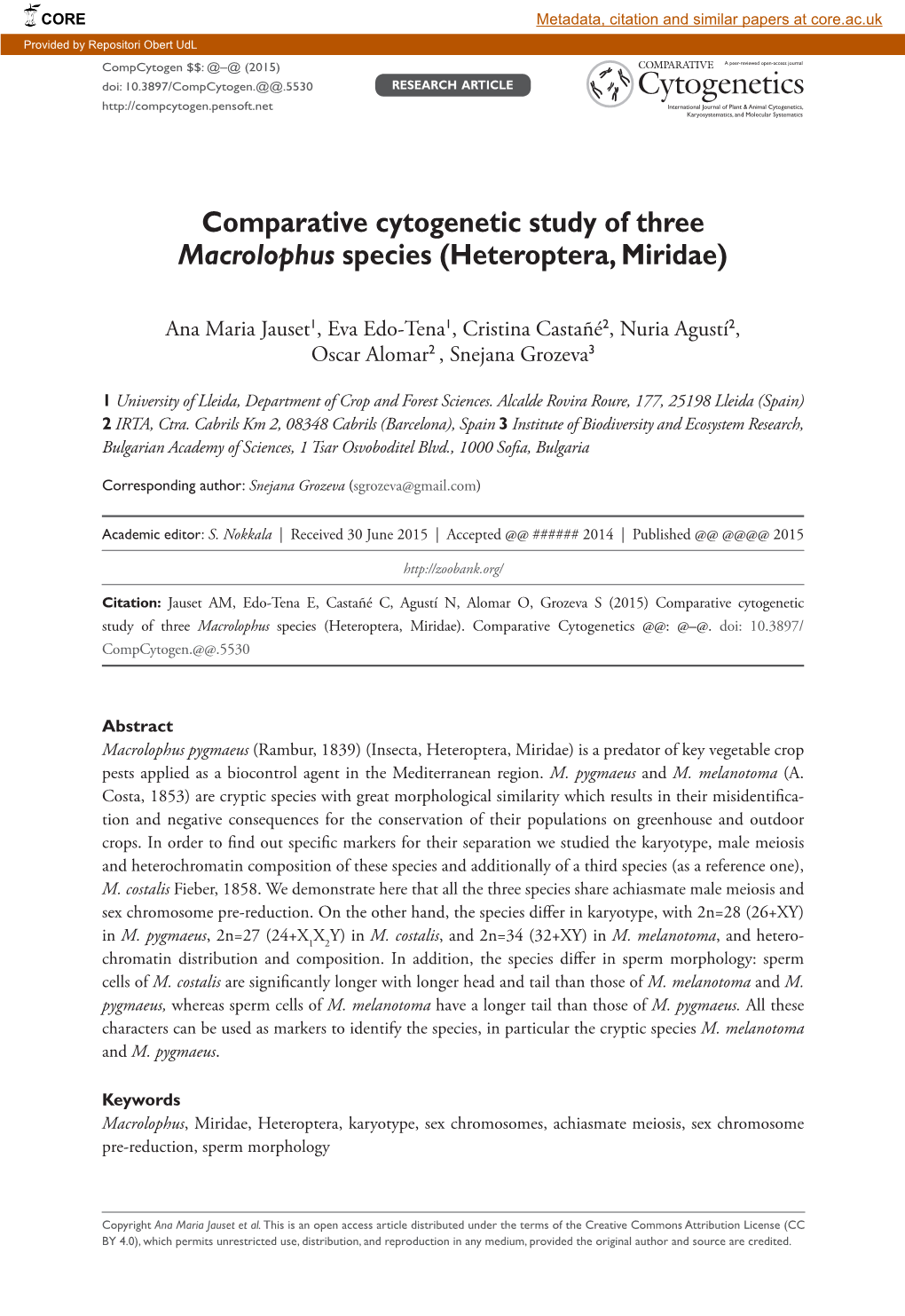 Comparative Cytogenetic Study of Three Macrolophus Species (Heteroptera, Miridae)