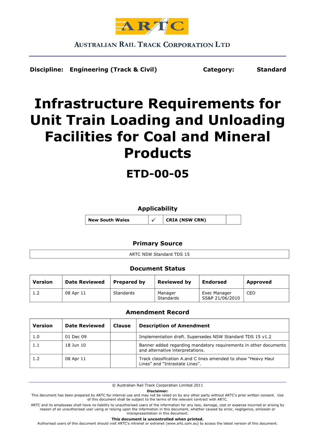 Infrastructure Requirements for Unit Train Loading and Unloading Facilities for Coal and Mineral Products ETD-00-05